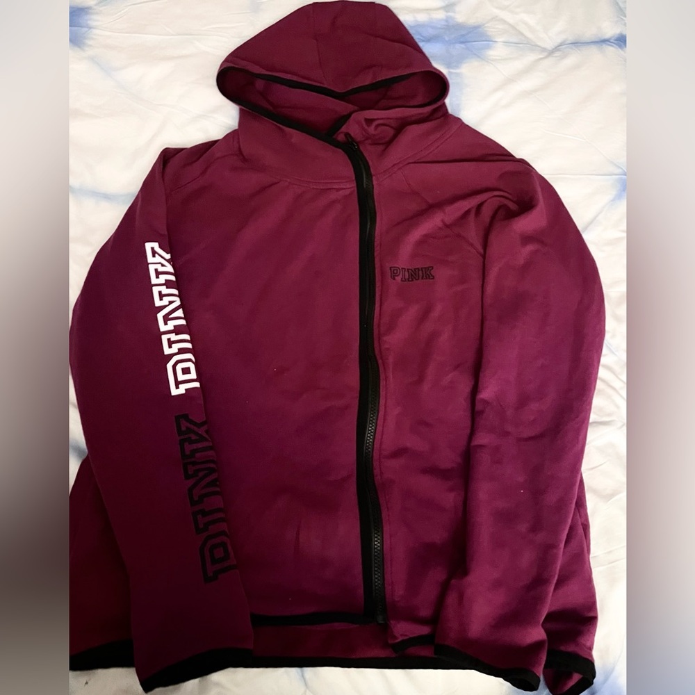 VS PINK Burgundy High / Lo Full Zip Fleece Hoodie